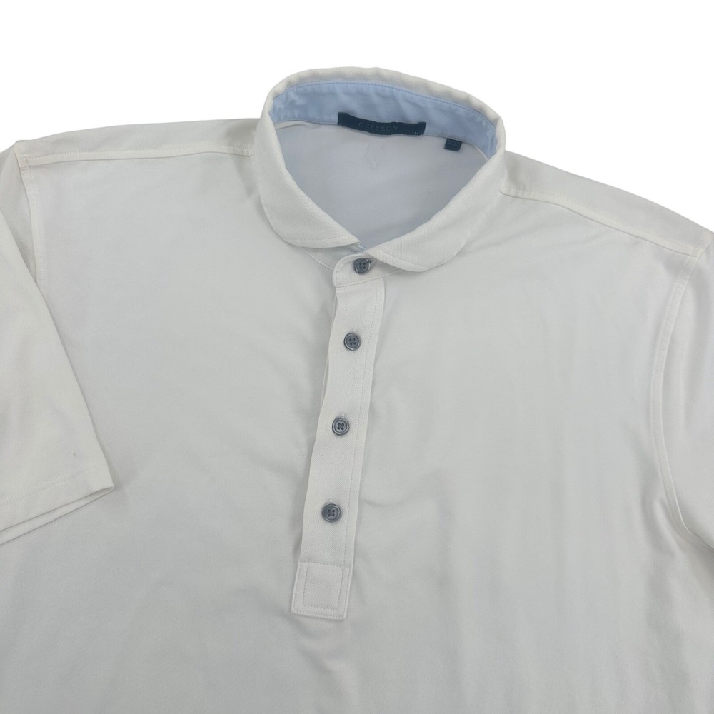 Greyson Mens Large Performance Golf Polo Shirt white  Wolf Logo Stain